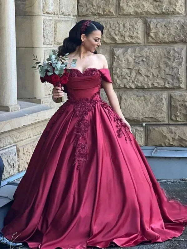 Designer Wear On Sale Off Shoulder Burgundy Lace Long Prom Dresses, Burgundy Lace Formal Evening Dresses, Burgundy Ball Gown SP2747