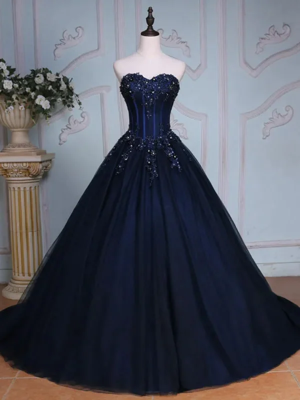 Exclusive Sale Strapless Navy Blue Lace Sequins Long Prom Dresses with Train, Navy Blue Lace Formal Evening Dresses, Navy Blue Ball Gown SP2893