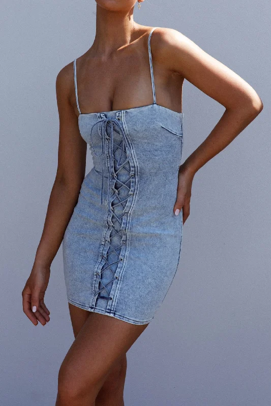 Latest Trends Don't Try Me Lace Up Mini Dress Denim