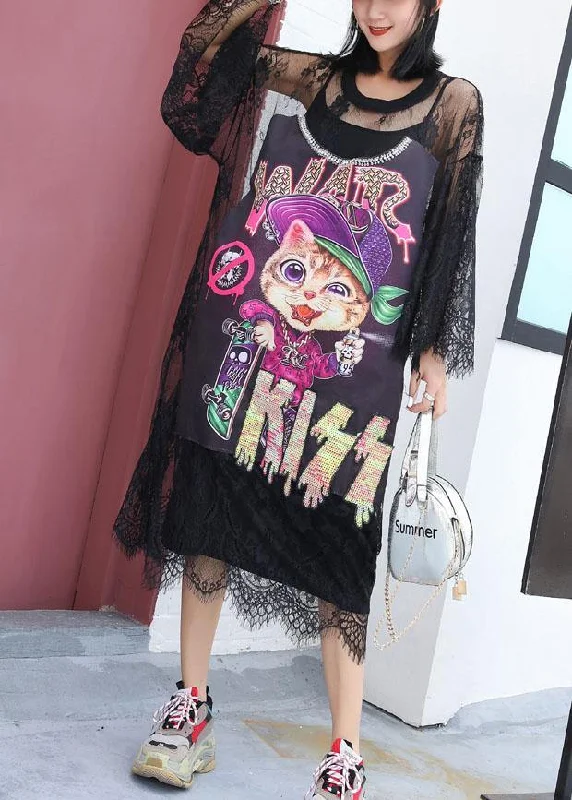 Fashion Essentials Elegant hollow out Tunics Outfits black prints Maxi Dress summer