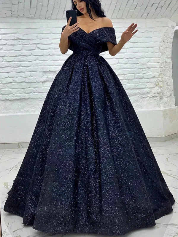 Top Deals Shiny Off Shoulder Navy Blue Long Prom Dresses, Long Navy Blue Formal Graduation Evening Dresses, Ball Gown SP2511