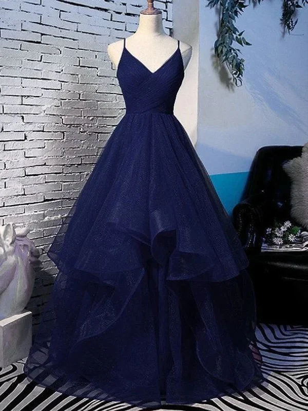 Crazy Discounts, Hurry Up Shiny V Neck Navy Blue Long Prom Dresses, Fluffy Navy Blue Formal Evening Dresses, Sparkly Ball Gown