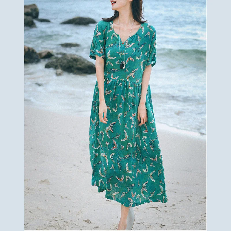 Bold Silhouette boutique green print long linen dresses Loose fitting v neck baggy dresses women short sleeve maxi dresses