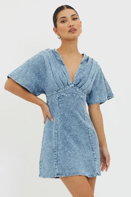 Graceful Fashion Jessika Pleated Bust Mini Dress Denim Blue