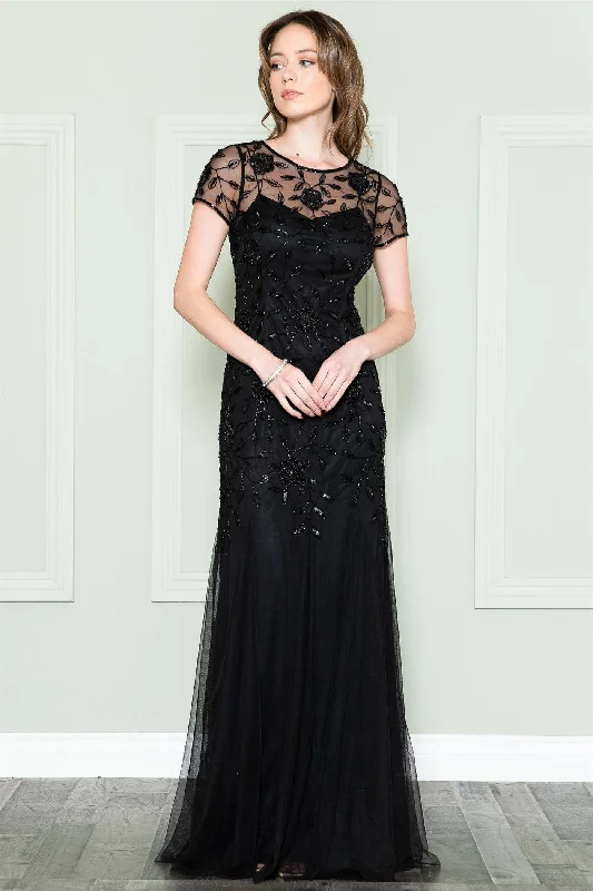 Elegant Fashion Embroidered Bodice Illusion Short Sleeves Long Mother Of The Bride Dress ACIN002 Elegant Fashion Embroidered Bodice Illusion Short Sleeves Long Mother Of The Bride Dress ACIN002