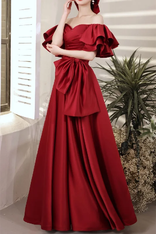 City Fashion A-Line Burgundy Off-the-Shoulder Bow Prom Gown