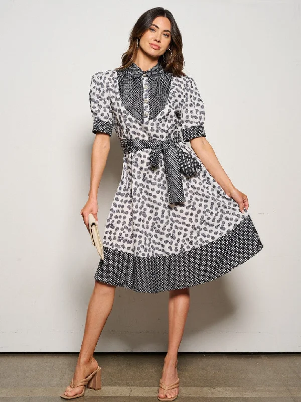 Discover Promotions WOMEN'S SHORT PUFF SLEEVE BUTTON UP SELF TIE PRINTED MIDI DRESS