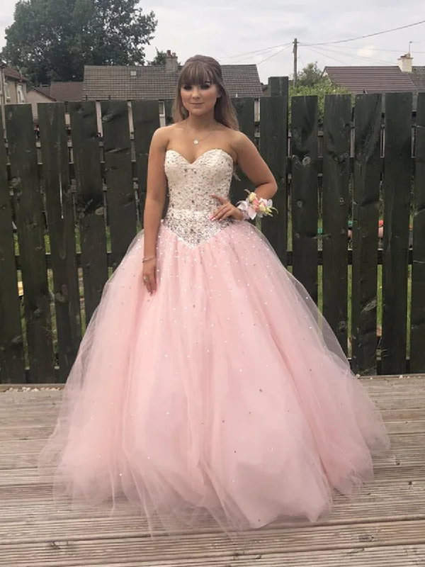 New Arrivals Custom Made Sweetheart Neck Backless Tulle Pink Long Prom Dresses with Beadings, Pink Ball Gown, Pink Formal Dresses