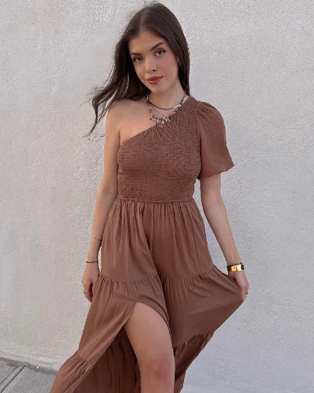 Everyday Basics ZESICA Boho One Shoulder Smocked Swing Midi Dress