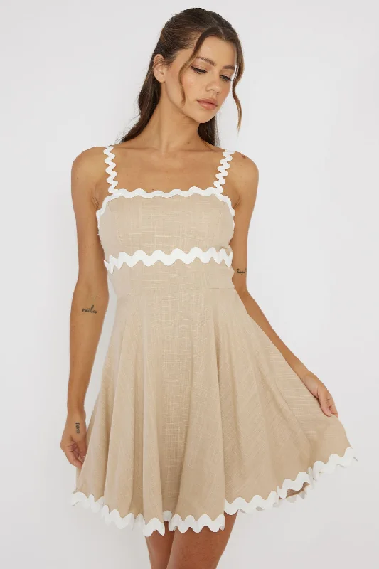 Earthy Tones Won Me Over Ric Rac Trim Mini Dress Beige