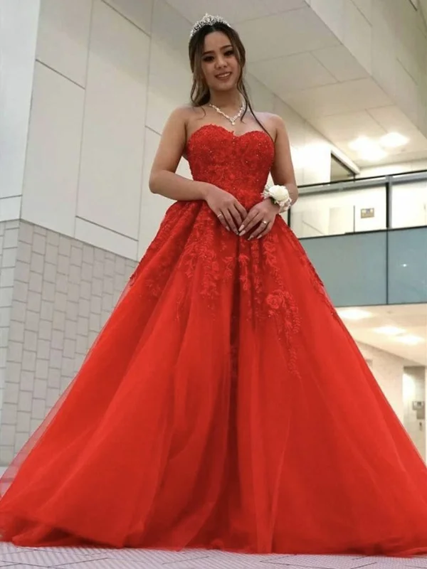 Find Your Unique Flair Sweetheart Neck Beaded Red Lace Long Prom Dresses, Strapless Red Formal Evening Dresses, Red Lace Ball Gown SP2065