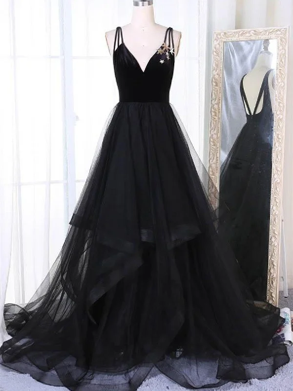 Vintage Inspired Fashion Sale A Line V Neck Tulle Black Ball Gown, Black Prom Dresses, Black Formal Dresses