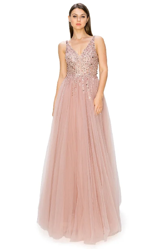 Discover Promotions Dusty-Rose Sequins Lace Tulle A-line Gown by Cinderella Couture USA AS8034J - Special Occasion/Curves