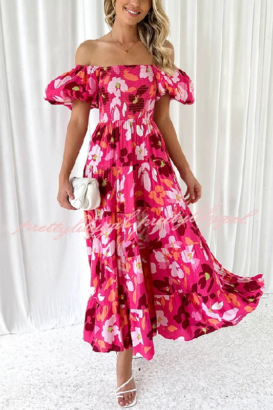 Everyday Fashion Petal Princess Unique Print Smocked Waist Puff Sleeve Midi Dress