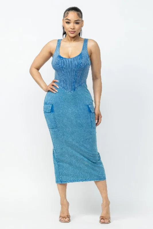 Limited Time Offer Acid Washed Cargo Midi Dress