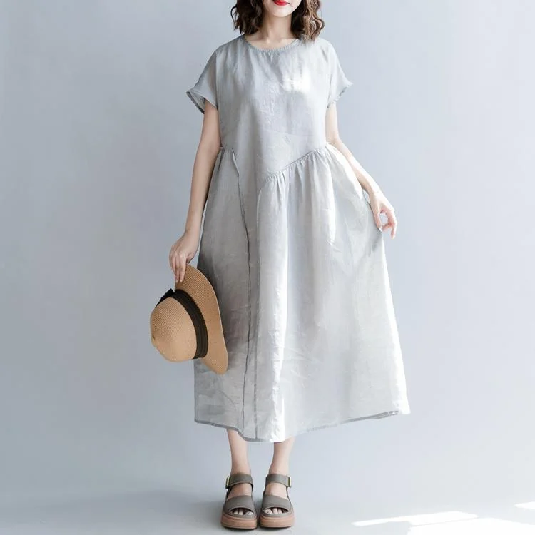 City Fashion fine gray natural linen dress oversize o neck patchwork linen maxi dress 2018 short sleeve baggy dresses