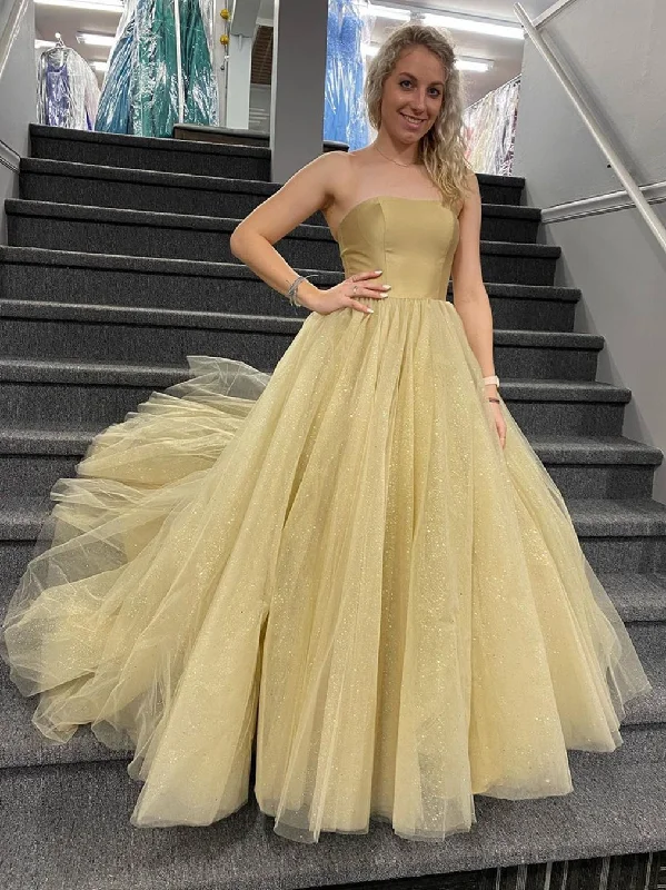 Embrace New Fashion Shiny Strapless Champagne Tulle Long Prom Dresses, Champagne Formal Evening Dresses, Ball Gown