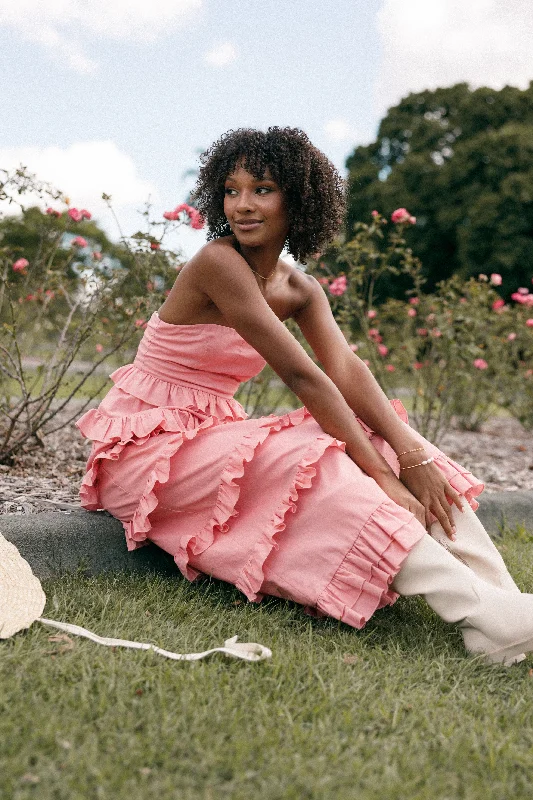 Graceful Drape Gloria Strapless Maxi Dress - Coral Pink