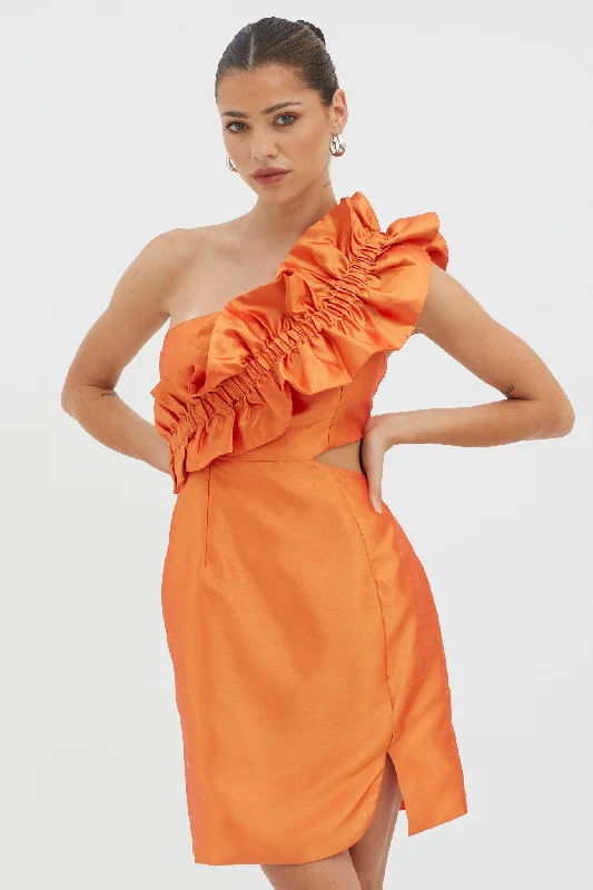 Relaxed Fashion NY Moment Wide Ruffle Shoulder Mini Dress Orange