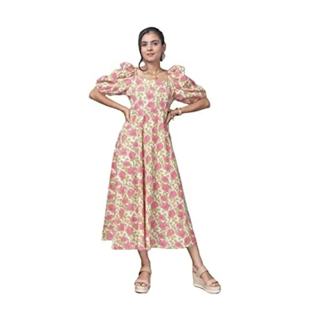 Seasonal Picks pinkrang Sanganeri Cotton Cherry Blossom Midi Dress- Pink and Off White