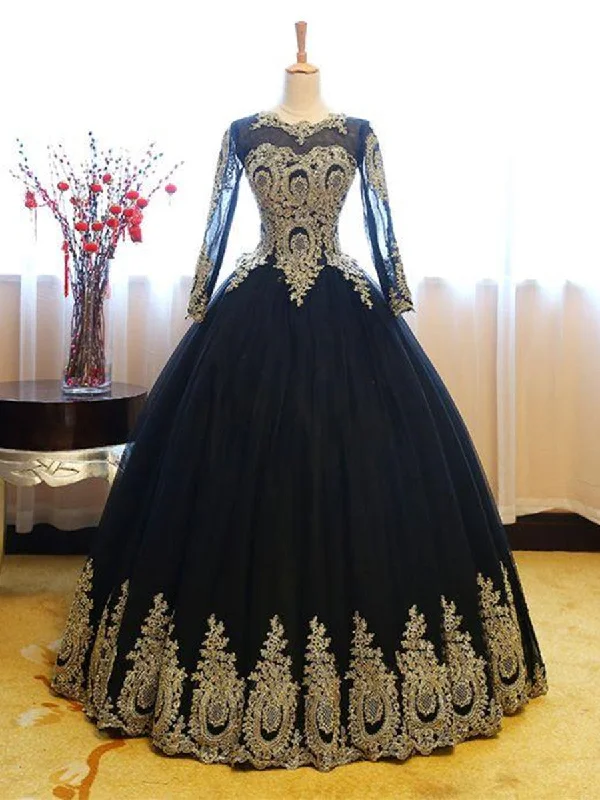 Stylish Savings Long Sleeves Gold Appliques Long Lace-up Pink Black Ball Gown Prom Dresses, Formal Dresses, Evening Dresses