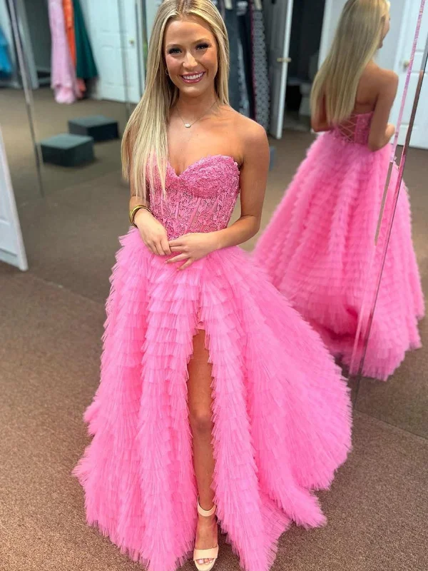 Season Sale Princess Strapless Ruffle Pink Lace Long Prom Dresses with Side Split, Pink Lace Formal Evening Dresses, Pink Ball Gown SP2858