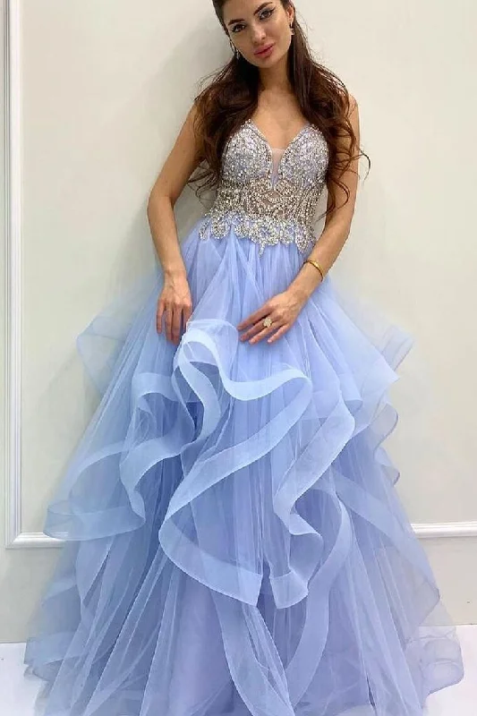 Exclusive Discount Gorgeous Beaded Blue Tiered Long Formal Gown