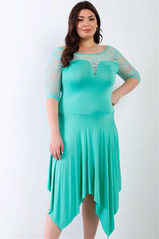 Fashion Forward Plus Mint Lace Details Handkerchief Hem Midi Dress