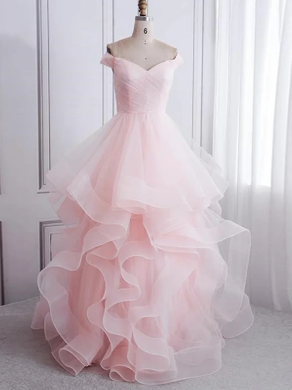 Fashion Forward Off Shoulder Pink Long Prom Dresses, Fluffy Pink Formal Evening Dresses, Ball Gown