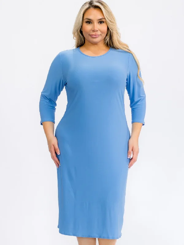 Ends Soon PLUS SIZE 3/4 SLEEVES SOLID MIDI DRESS