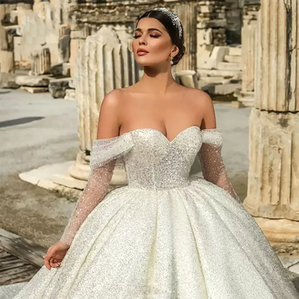 Eco Friendly Fashion Sale Elegant Beaded Off The Shoulder Sweetheart Ball Gown Wedding Dresses 2024 Illusion Backless Court Train Bridal Gown For Women