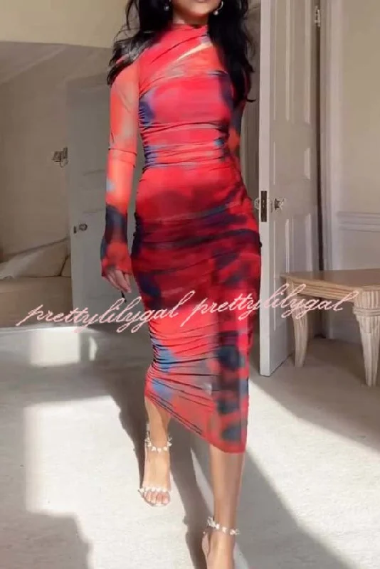 Bold Fashion Won The Attention Mesh Tie Dye Ruched Midi Dress