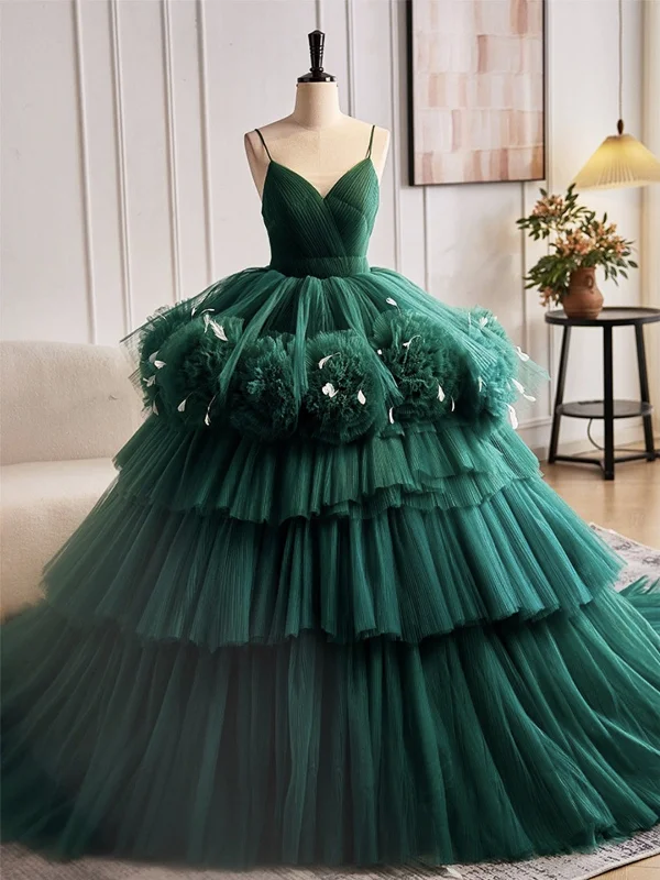 Unbeatable Prices Gorgeous Open Back V Neck Layered Green Tulle Long Prom Dresses, V Neck Green Formal Evening Dresses, Green Ball Gown SP2884