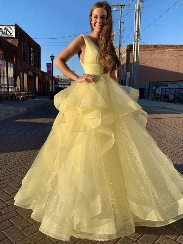 The Latest Fashion Trends Shiny V Neck Sequins Yellow Long Prom Dresses, Fluffy Yellow Formal Evening Dresses, Sparkly Ball Gown