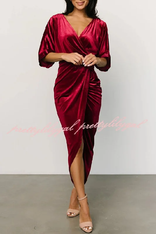 Must-Have Styles Brendy V Neck Half Sleeve Velvet Pleated Midi Dress