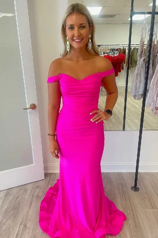 Grab Romantic Date - Night Styles Now Elegant Neon Pink Off-the-Shoulder Mermaid Long Formal Gown