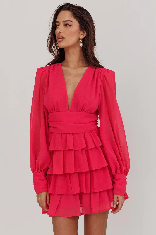 Clearance Event Dalisa Long Sleeve Ruffle Mini Dress Fuchsia