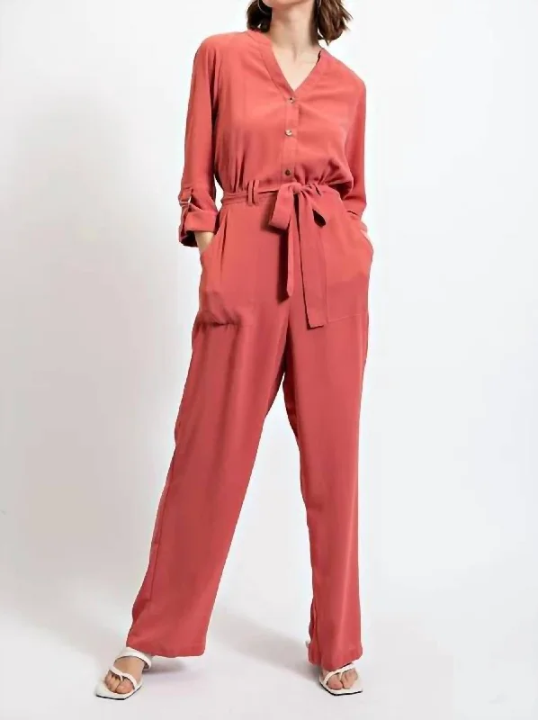 Holiday Sale Roll Sleeve Waist Tie Jumpsuit In Dark Rose