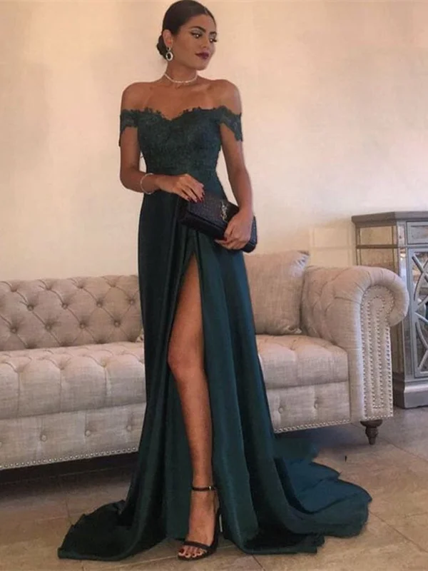 Additional Time-Limited Offers Sexy Dark Green A Line Off Shoulder Lace Prom Dresses With Train, Dark Green Lace Prom Gown