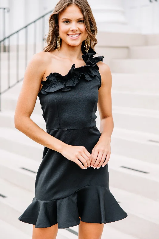 Contemporary Chic Lots To Love Black Ruffled One Shoulder Dress