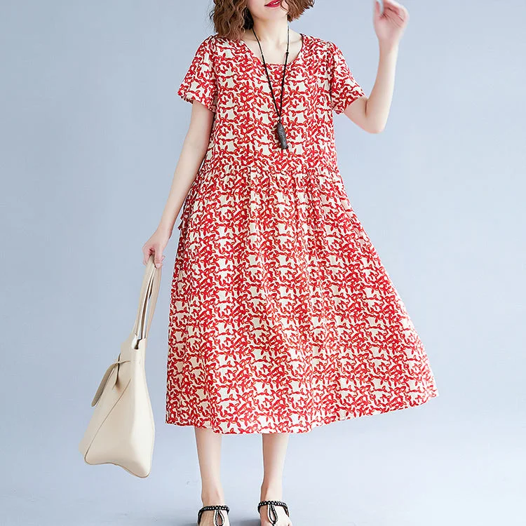 Luxury Comfort baggy red cotton linen dresses Loose fitting short sleeve print baggy dresses maxi dress 2018 o neck traveling dress