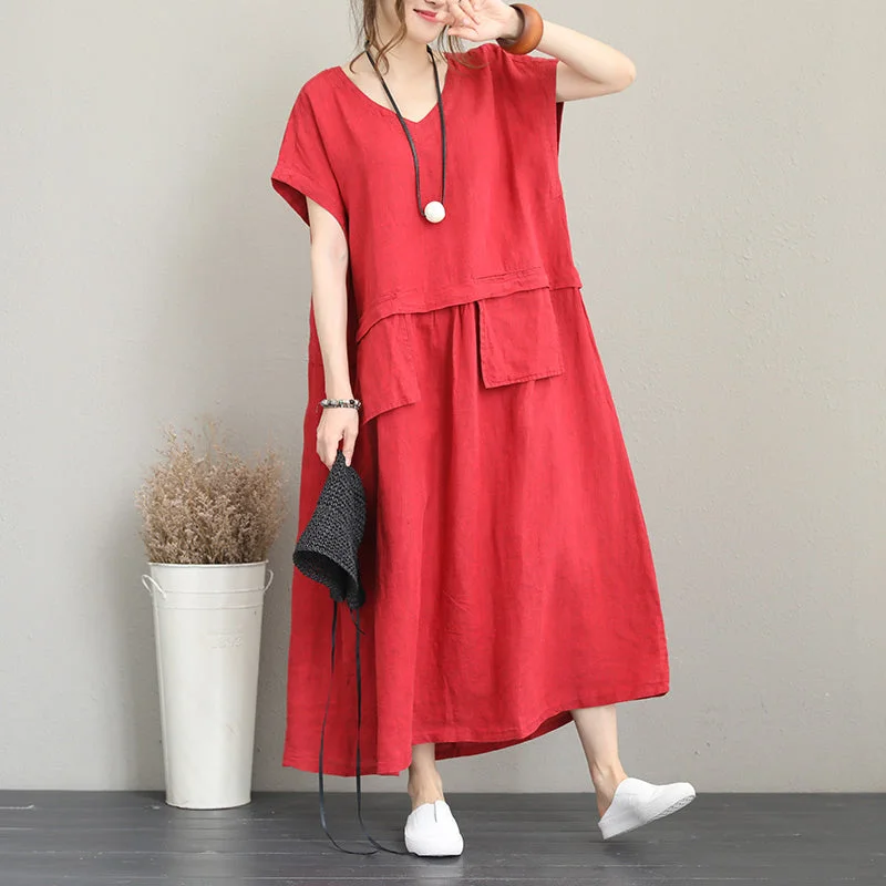 Elegant Ensemble fashion red long linen dress Loose fitting v neck linen clothing dress women two big pockets maxi dresses