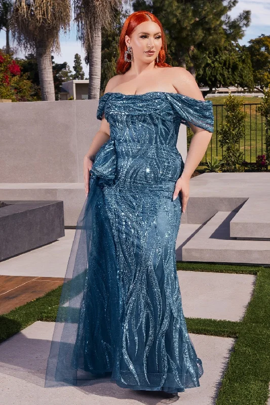 Chic Outfits Off The Shoulder Glitter Gown By Ladivine J849C - Women Evening Formal Gown - Curves