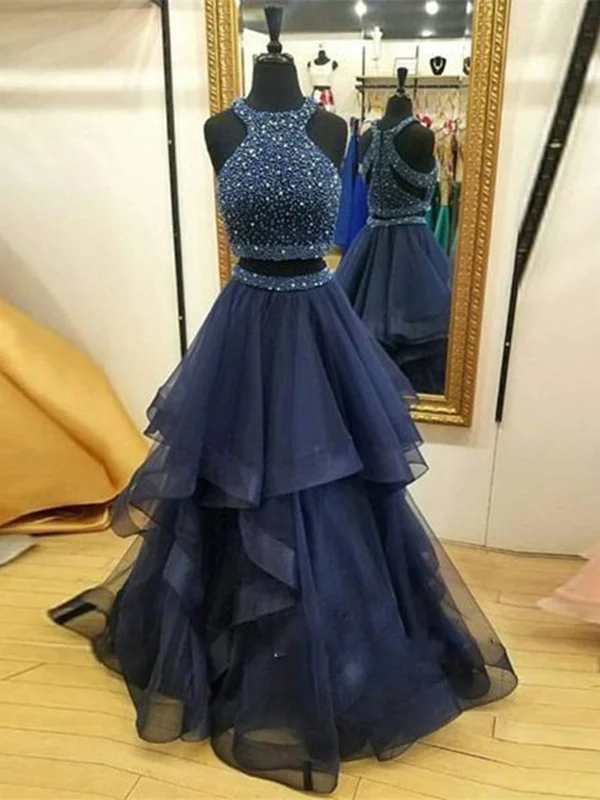 Chic And Edgy Two Pieces Navy Blue Prom Dress, Two Pieces Navy Blue Prom Gown, Formal Dress