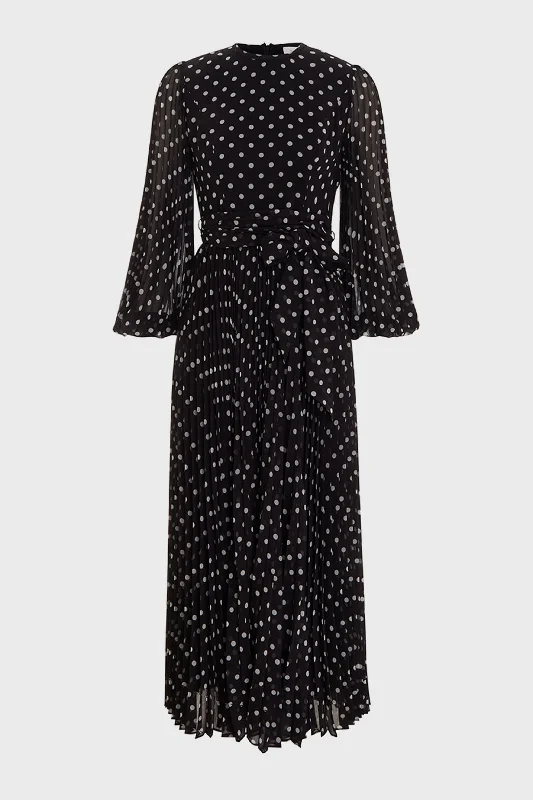 Women's Outfit Black Cream Dot Sunray Pleat Dress