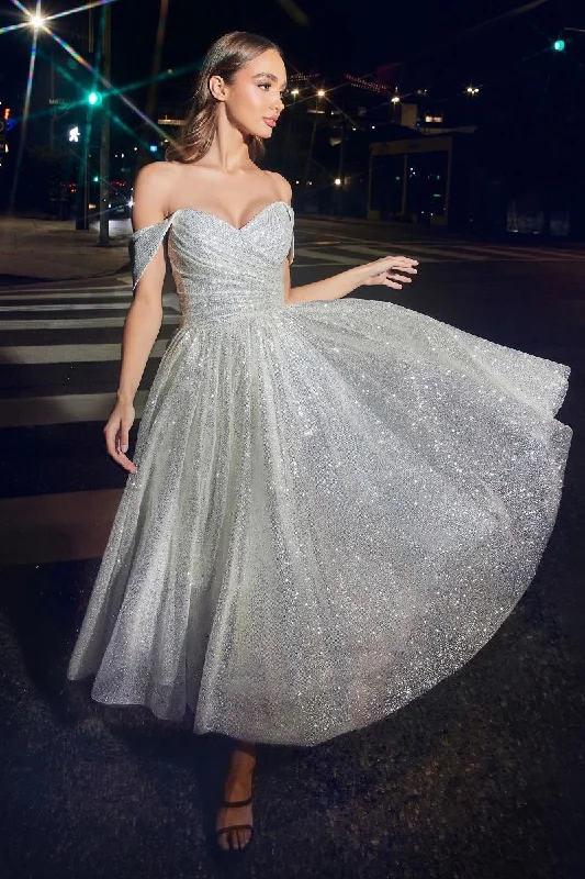 Mid - Week Surprise Off Shoulder Sweetheart Bodice A-Line Tea-Length Gown by Ladivine CD869W - Special Occasion