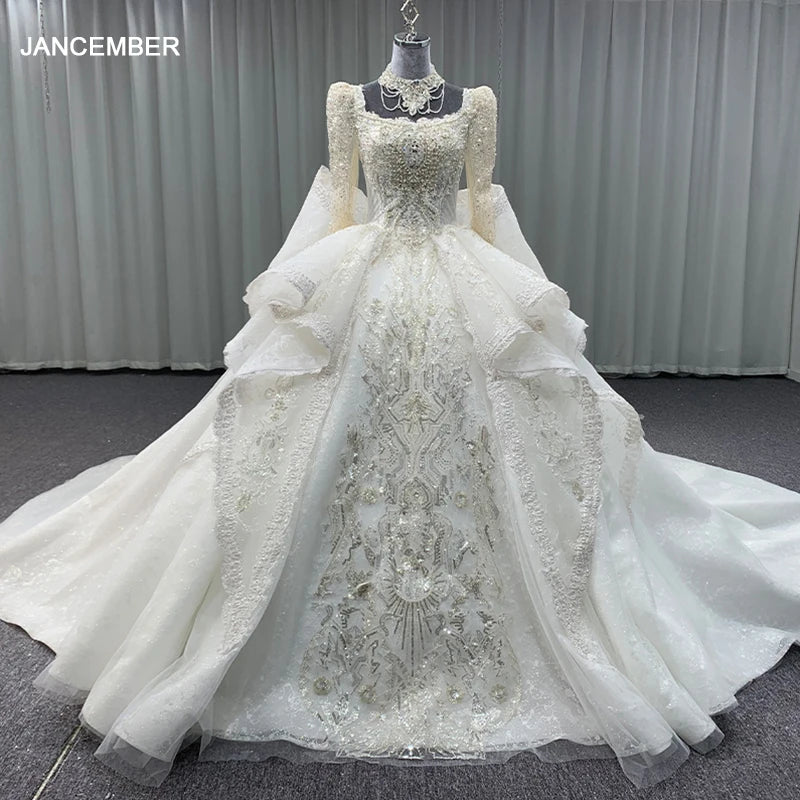 Special Occasion Wear Surprise Price Rushed Wedding Dresses For Women O-Neck Full Sleeves Backless Bow Backless Pearls vestito da sposa MN206