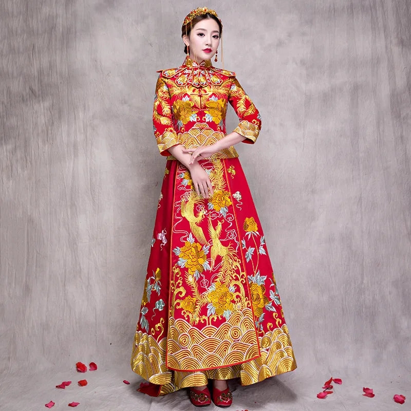 Hot Deals New Red traditional chinese wedding dress Qipao National Costume Womens Overseas Chinese Style Bride Embroidery Cheongsam S-XXL