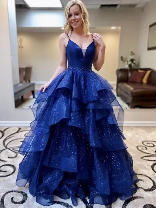 New In This Season V Neck Blue Tulle Layered Long Prom Dresses with Belt, Long Blue Formal Evening Dresses, Ball Gown SP2524