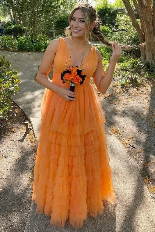 Hollywood Glam Award - Show Style Orange V-Neck High-Waist Tiered A-Line Prom Gown